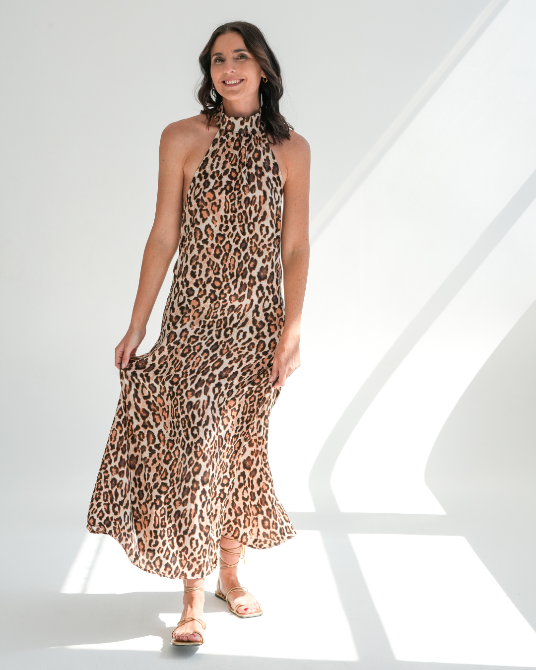 Leopard Print Satin Low Back Halterneck Dress