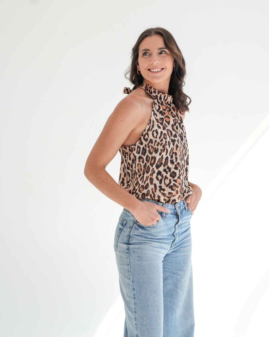 Leopard Print Satin Halterneck Blouse