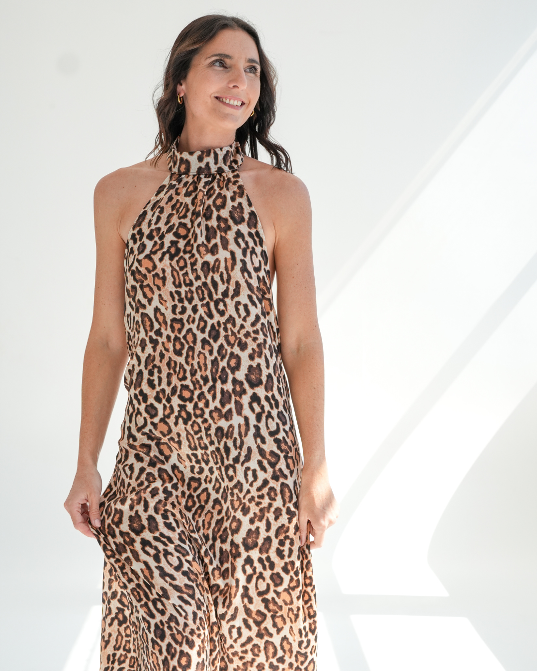 Leopard Print Satin Low Back Halterneck Dress