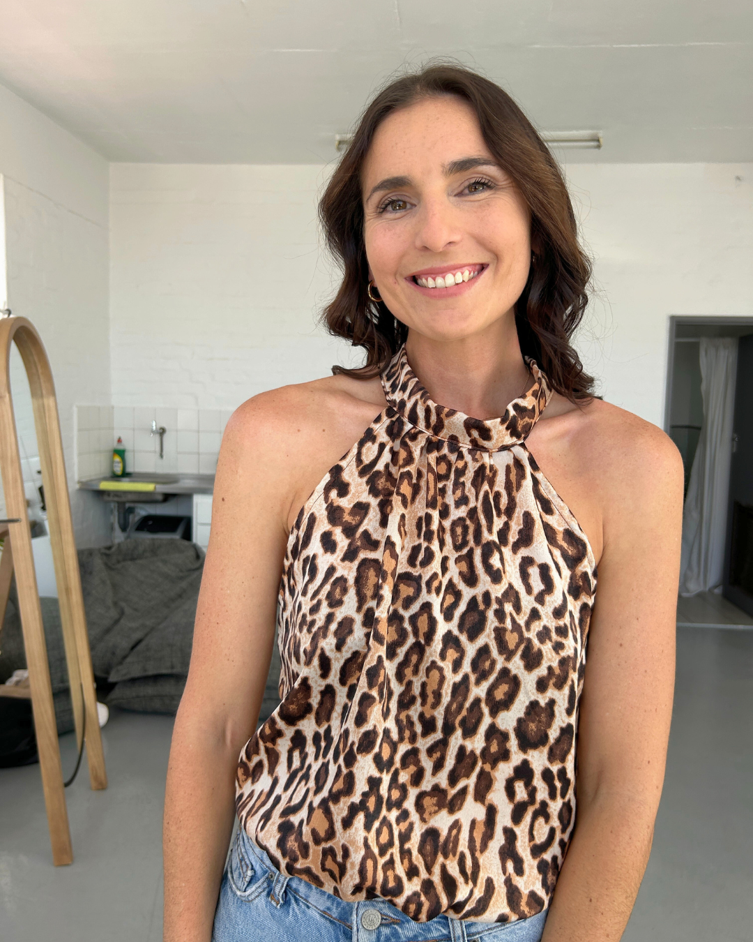 Leopard Print Satin Halterneck Blouse