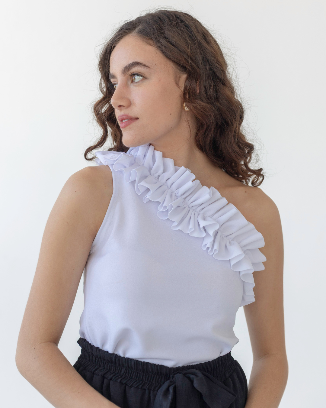 One Shoulder Ruffle Top White