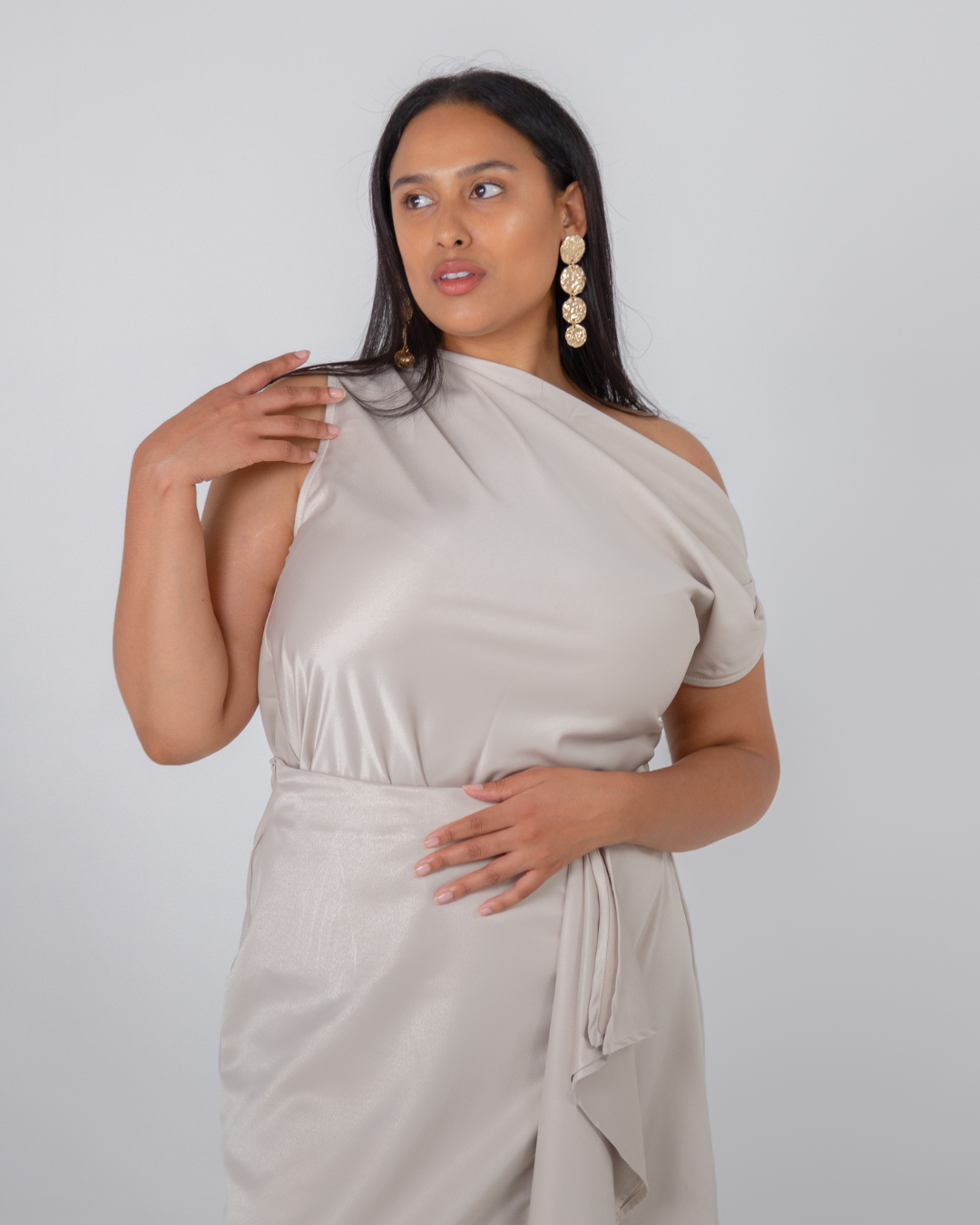 One Shoulder Satin Drape Top | Oyster