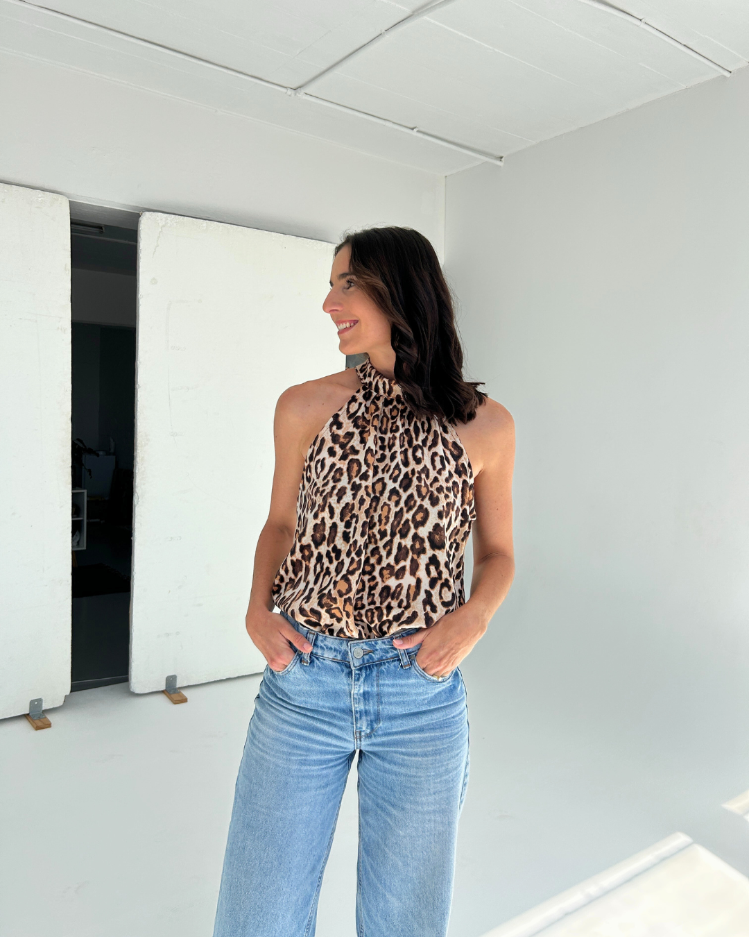 Leopard Print Satin Halterneck Blouse