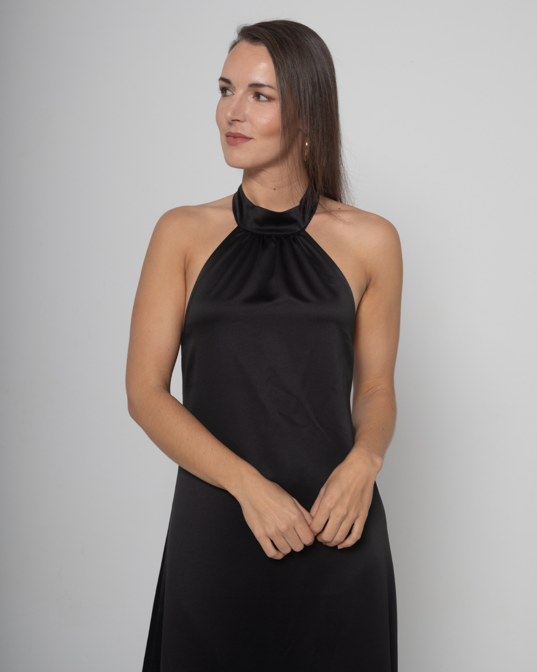 Satin Low Back Halterneck Dress | Black