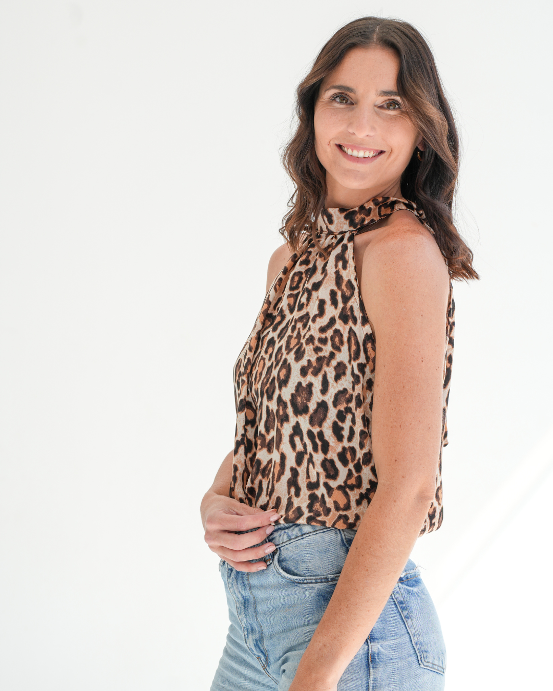 Leopard Print Satin Halterneck Blouse