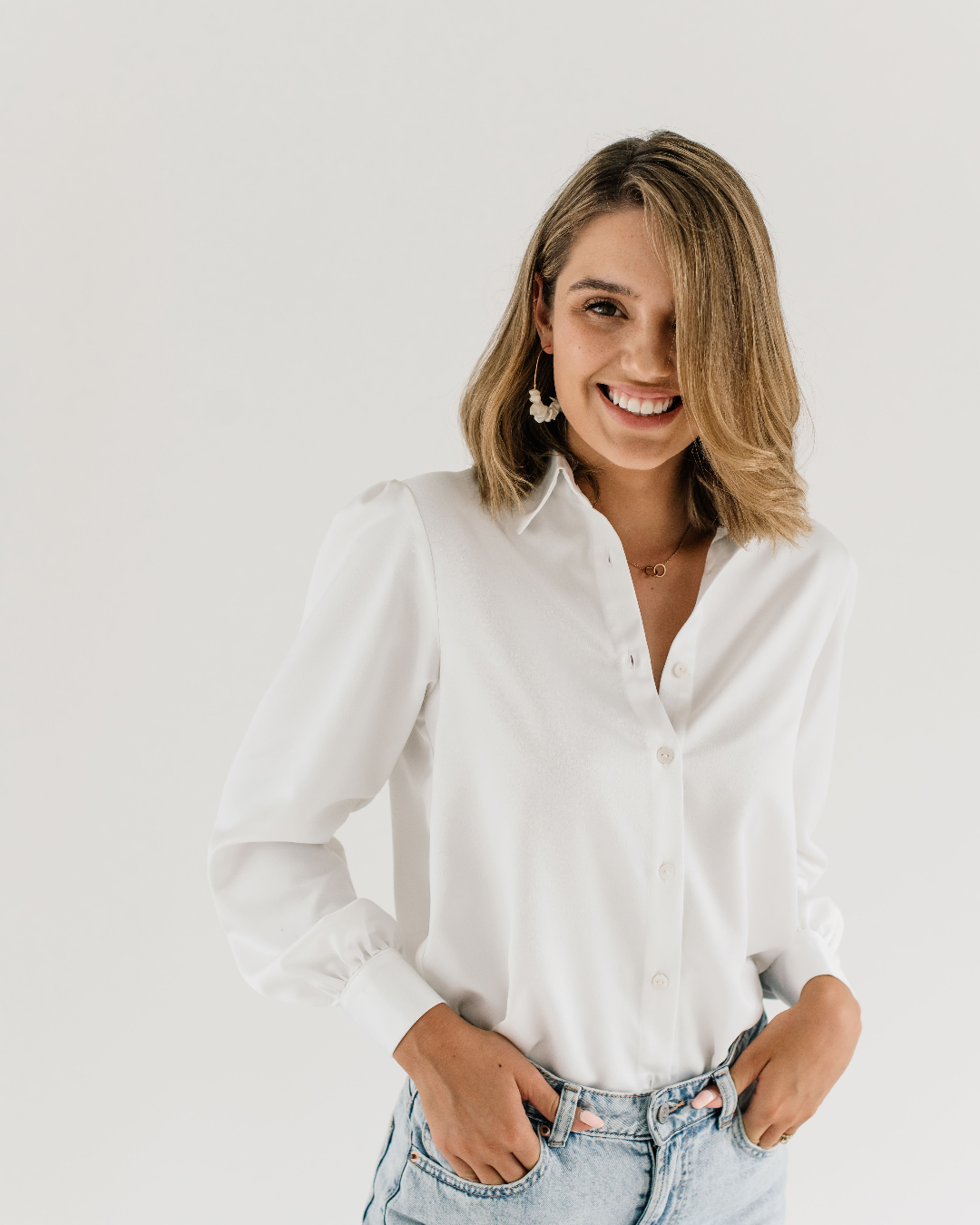 White satin button down top blouse