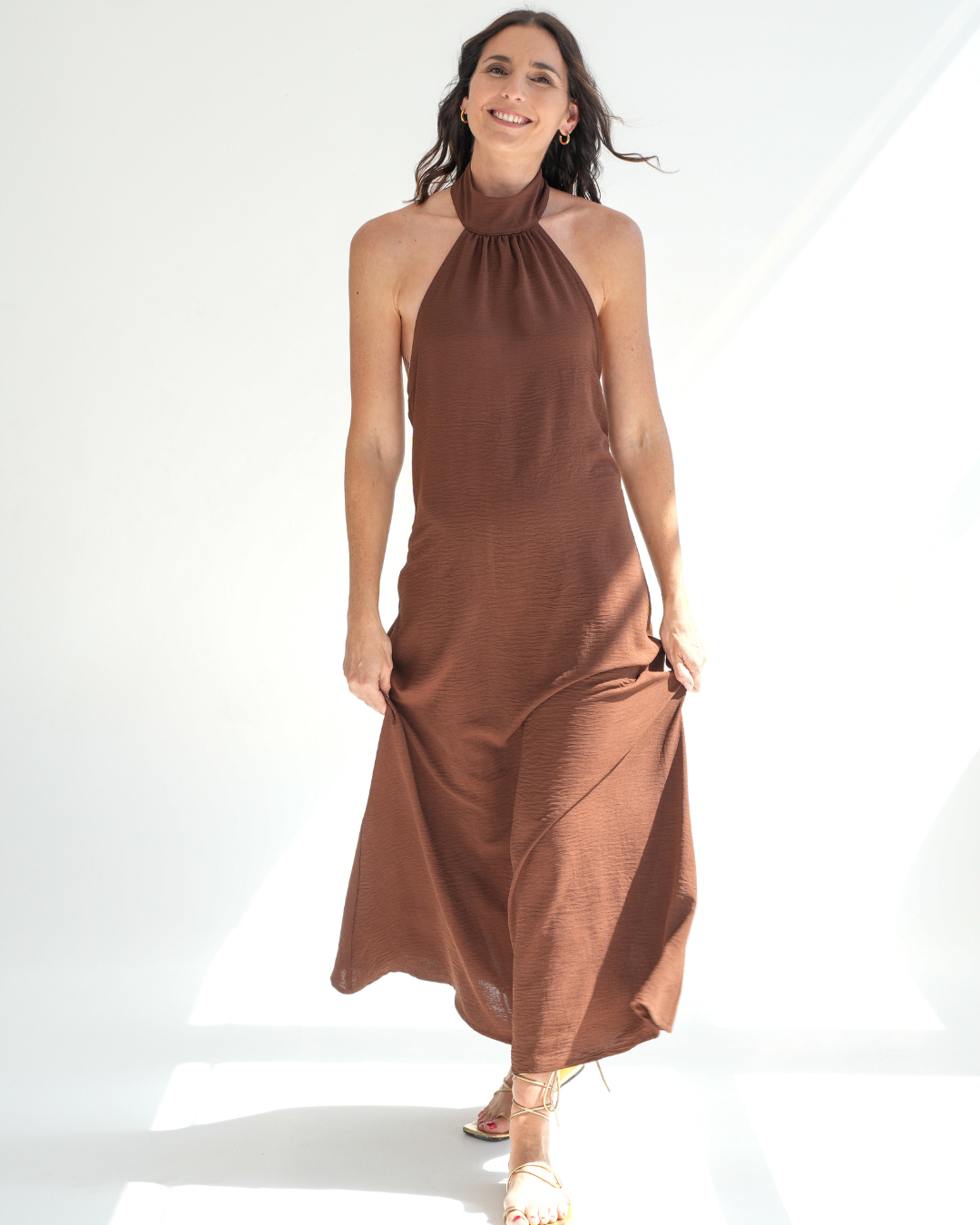 Chocolate Brown Low Back Halterneck Dress