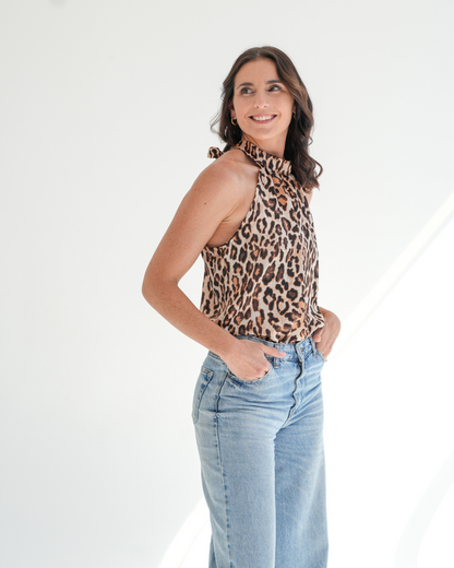 Leopard Print Satin Halterneck Blouse