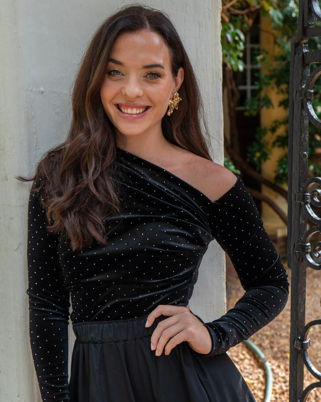 Asymmetric One Shoulder Top | Studded Velvet