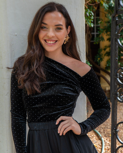 Asymmetric One Shoulder Top | Studded Velvet