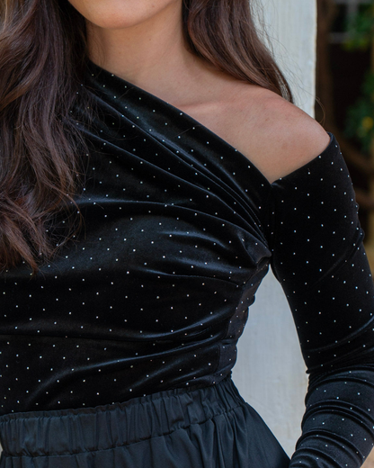 Asymmetric One Shoulder Top | Studded Velvet