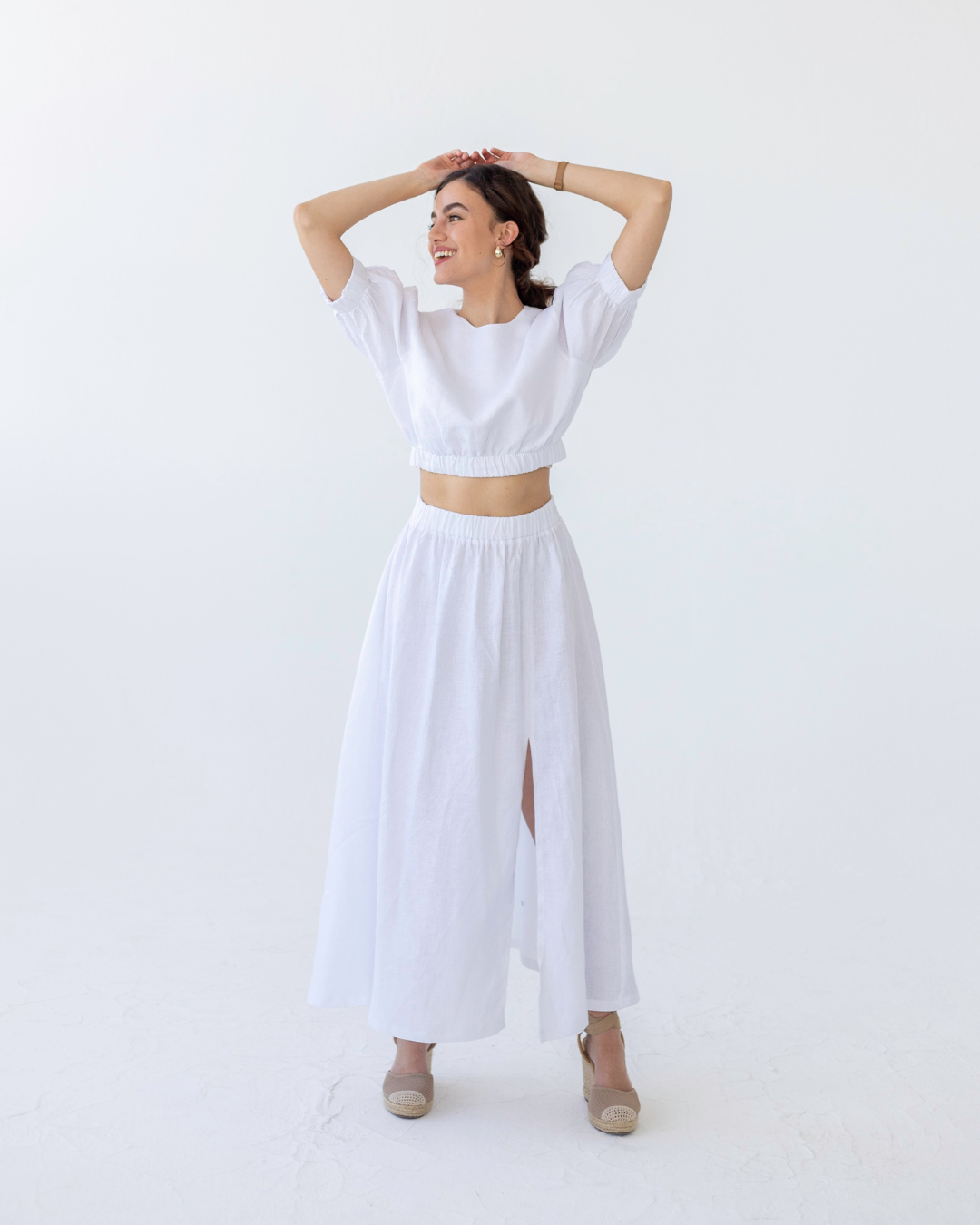 Gathered Linen Maxi Skirt | White