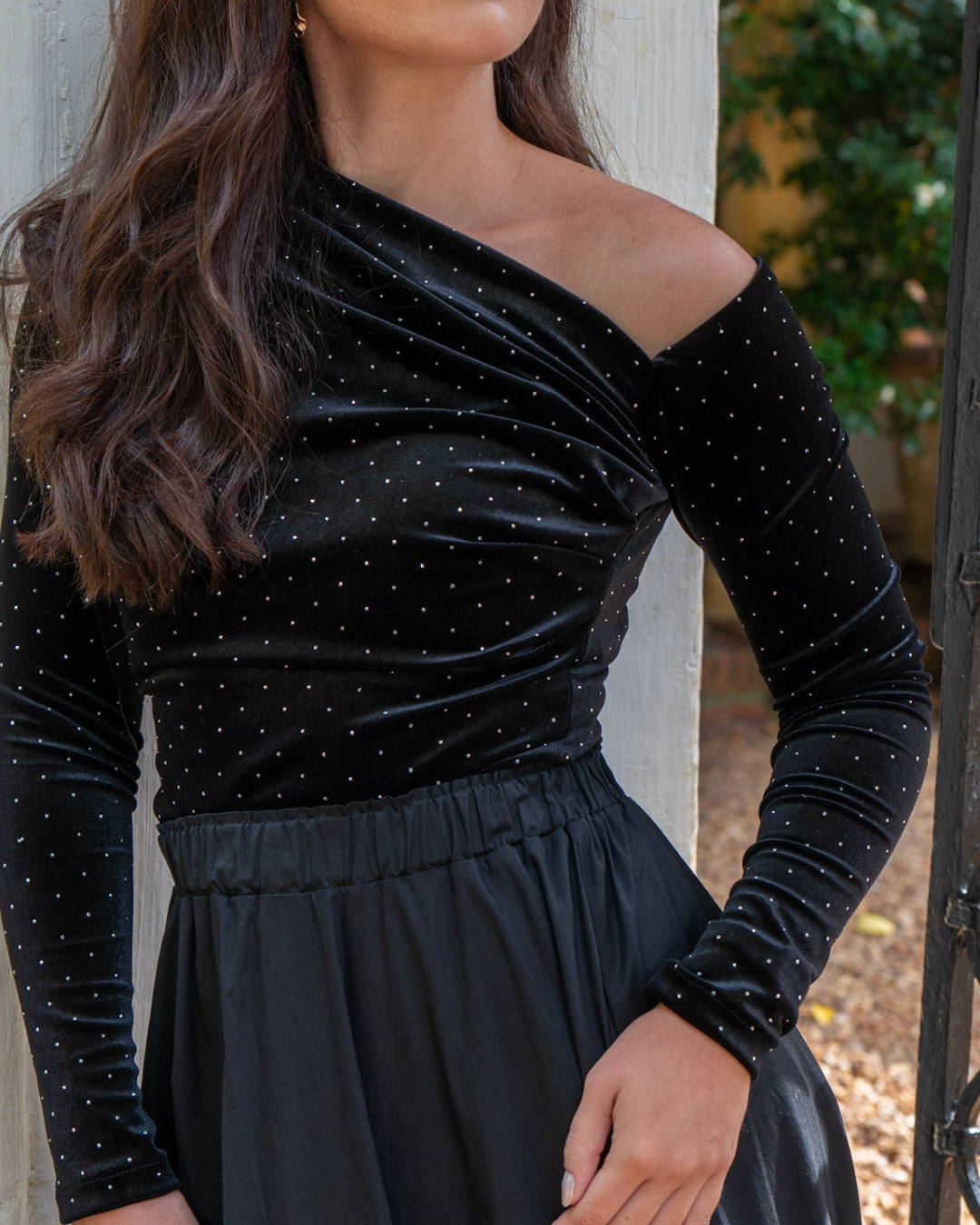 Asymmetric One Shoulder Top | Studded Velvet