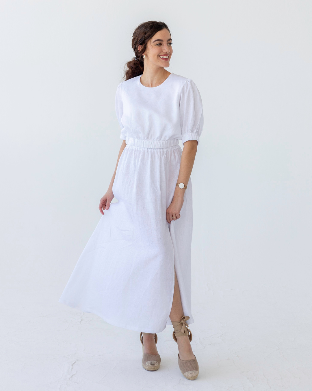 Gathered Linen Maxi Skirt | White