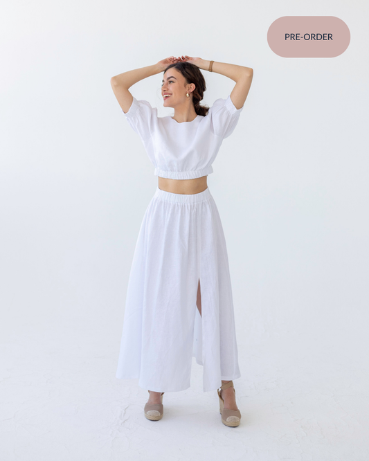 Gathered Linen Maxi Skirt | White