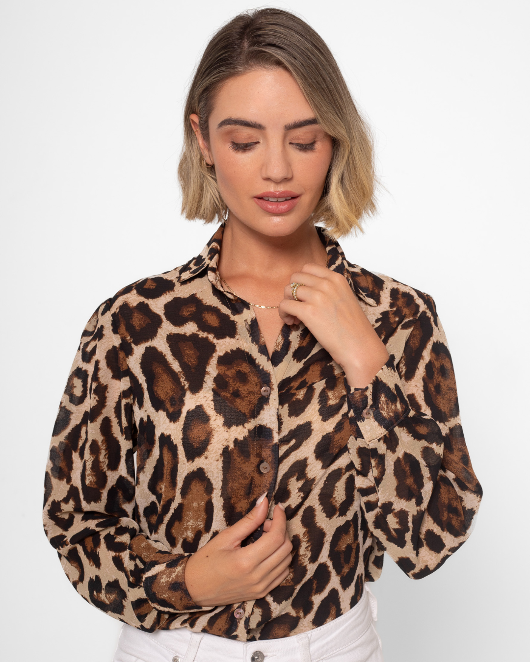 Leopard Print Chiffon Button Up Blouse