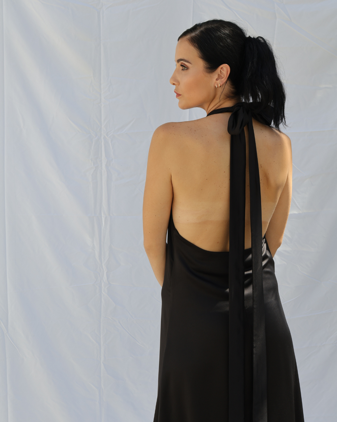 Satin Low Back Halterneck Dress | Black Flikker Satin Low Back Halterneck Dress | Black Flikker