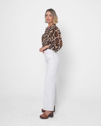 Leopard Print Chiffon Button Up Blouse