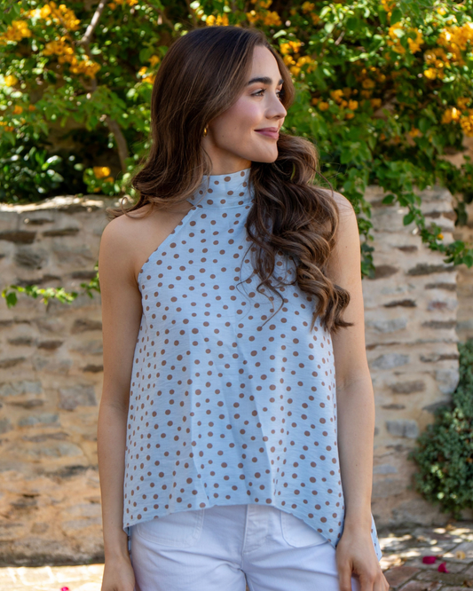 Blue Polka Asymmetric Halter Top