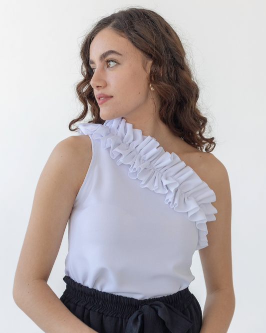 One Shoulder Ruffle Top | White