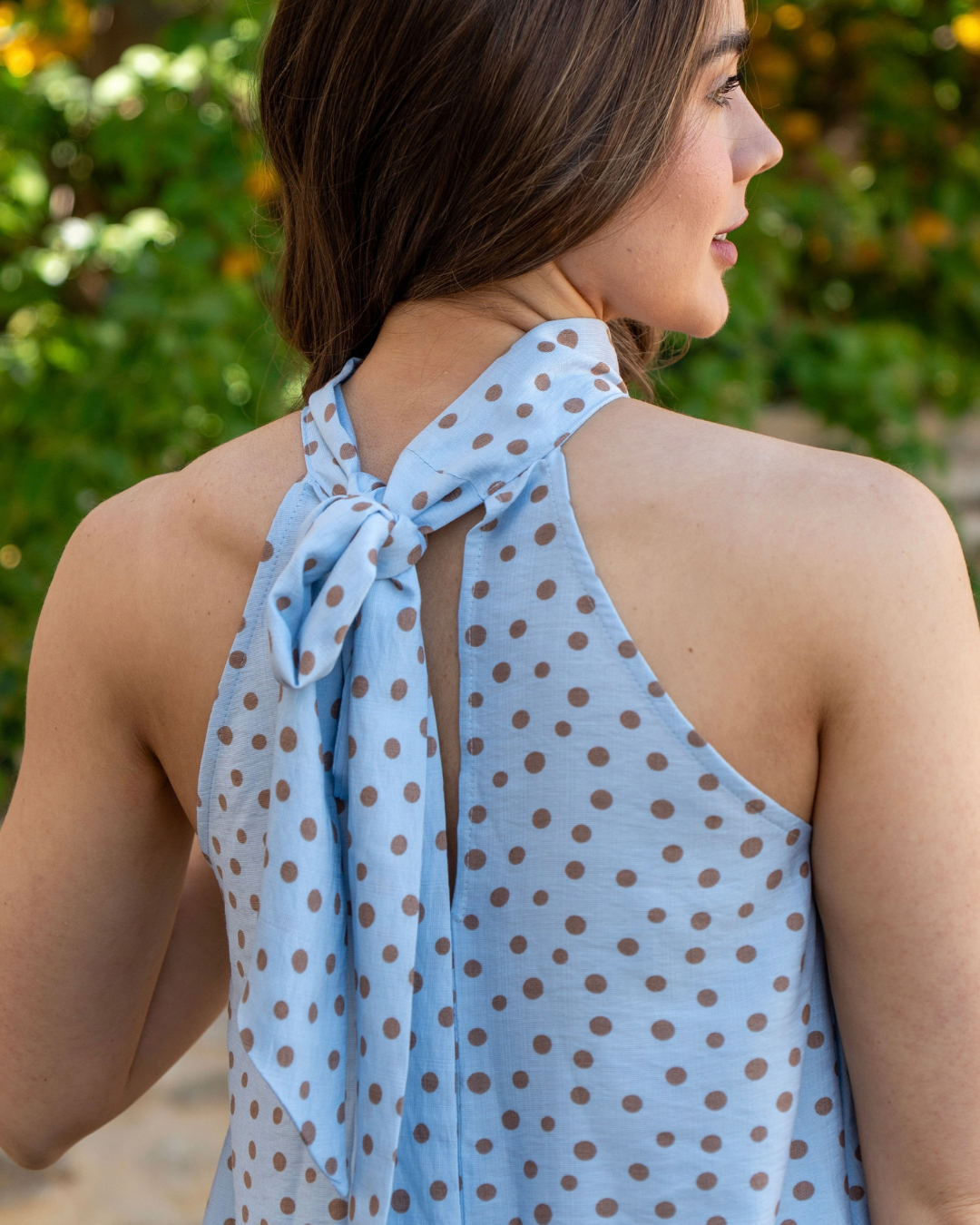 Blue Polka Asymmetric Halter Top