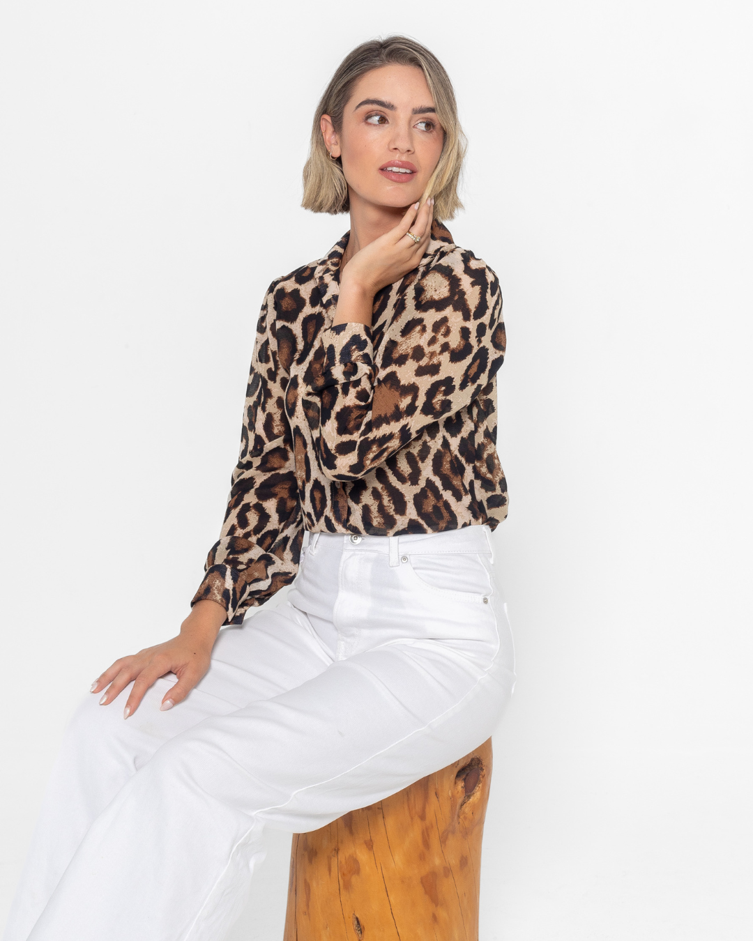 Leopard Print Chiffon Button Up Blouse