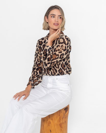 Leopard Print Chiffon Button Up Blouse