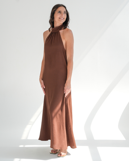 Chocolate Brown Low Back Halterneck Dress