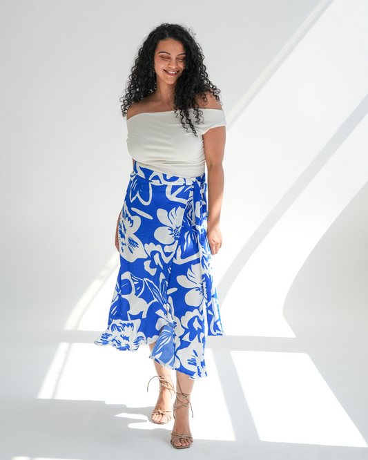 Bright Blue Floral Wrap Skirt