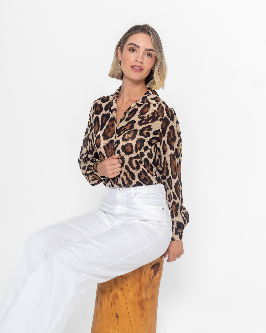 Leopard Print Chiffon Button Up Blouse