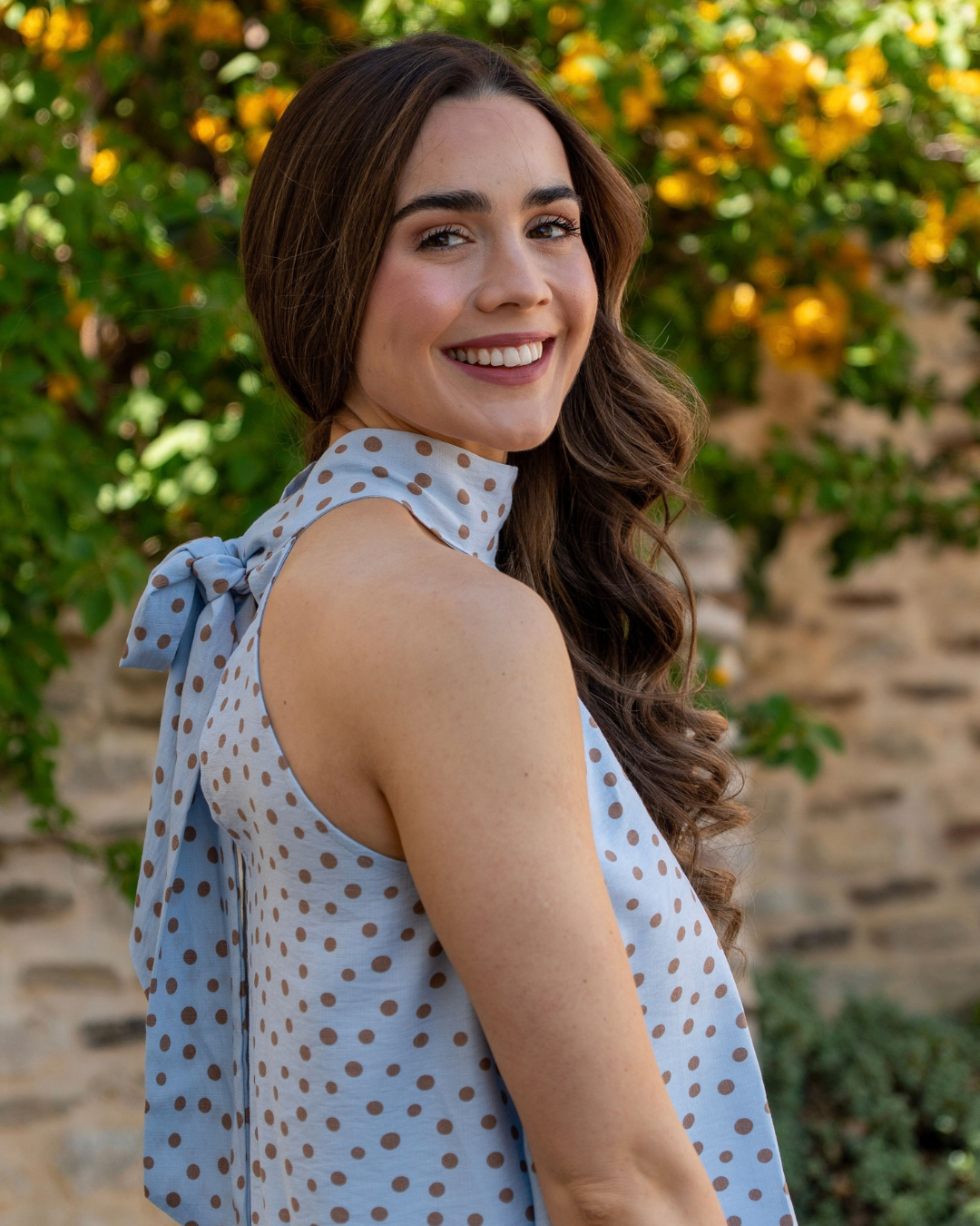 Blue Polka Asymmetric Halter Top