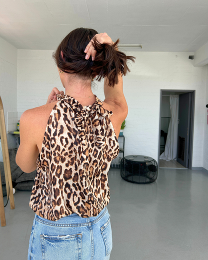 Leopard Print Satin Halterneck Blouse