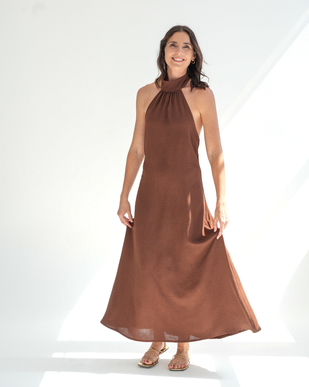 Chocolate Brown Low Back Halterneck Dress