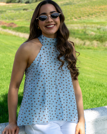 Blue Polka Asymmetric Halter Top