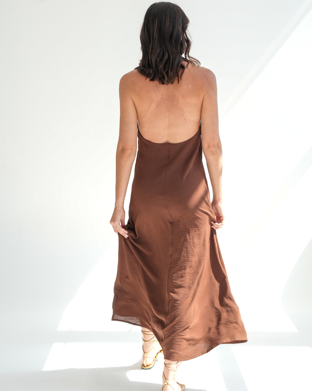 Chocolate Brown Low Back Halterneck Dress