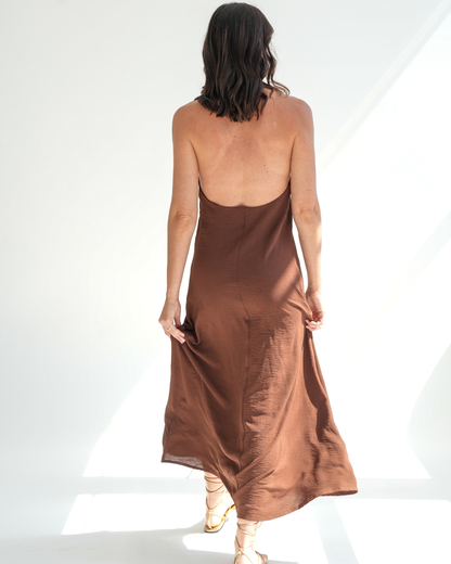 Chocolate Brown Low Back Halterneck Dress