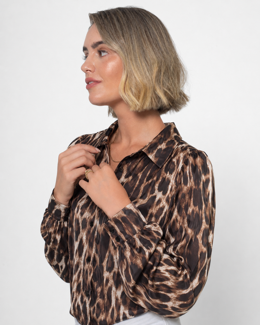 Dark Leopard Chiffon Button Up Blouse