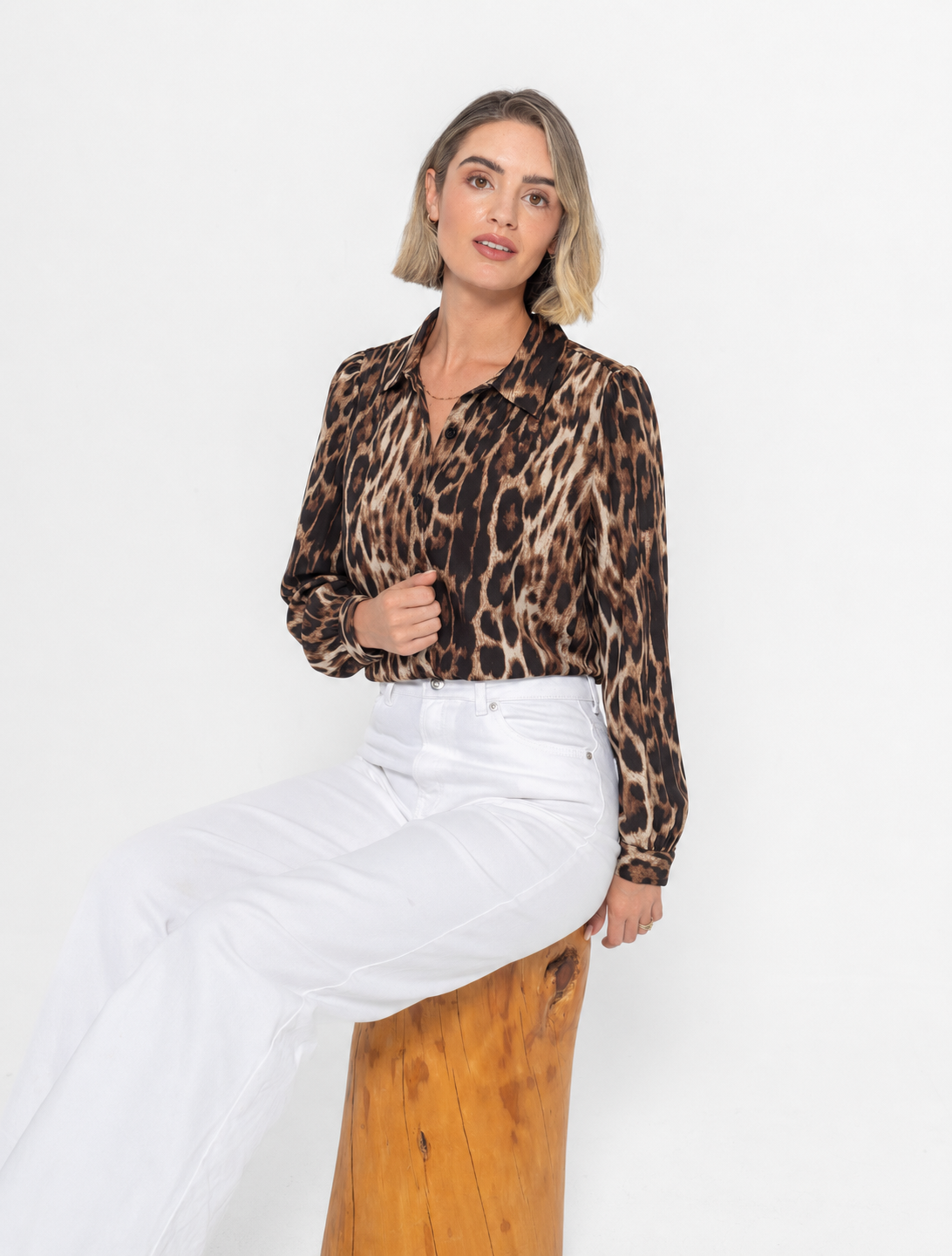 Dark Leopard Chiffon Button Up Blouse