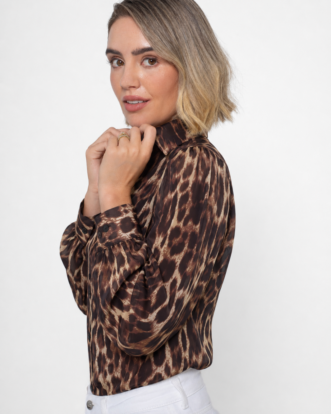 Dark Leopard Chiffon Button Up Blouse