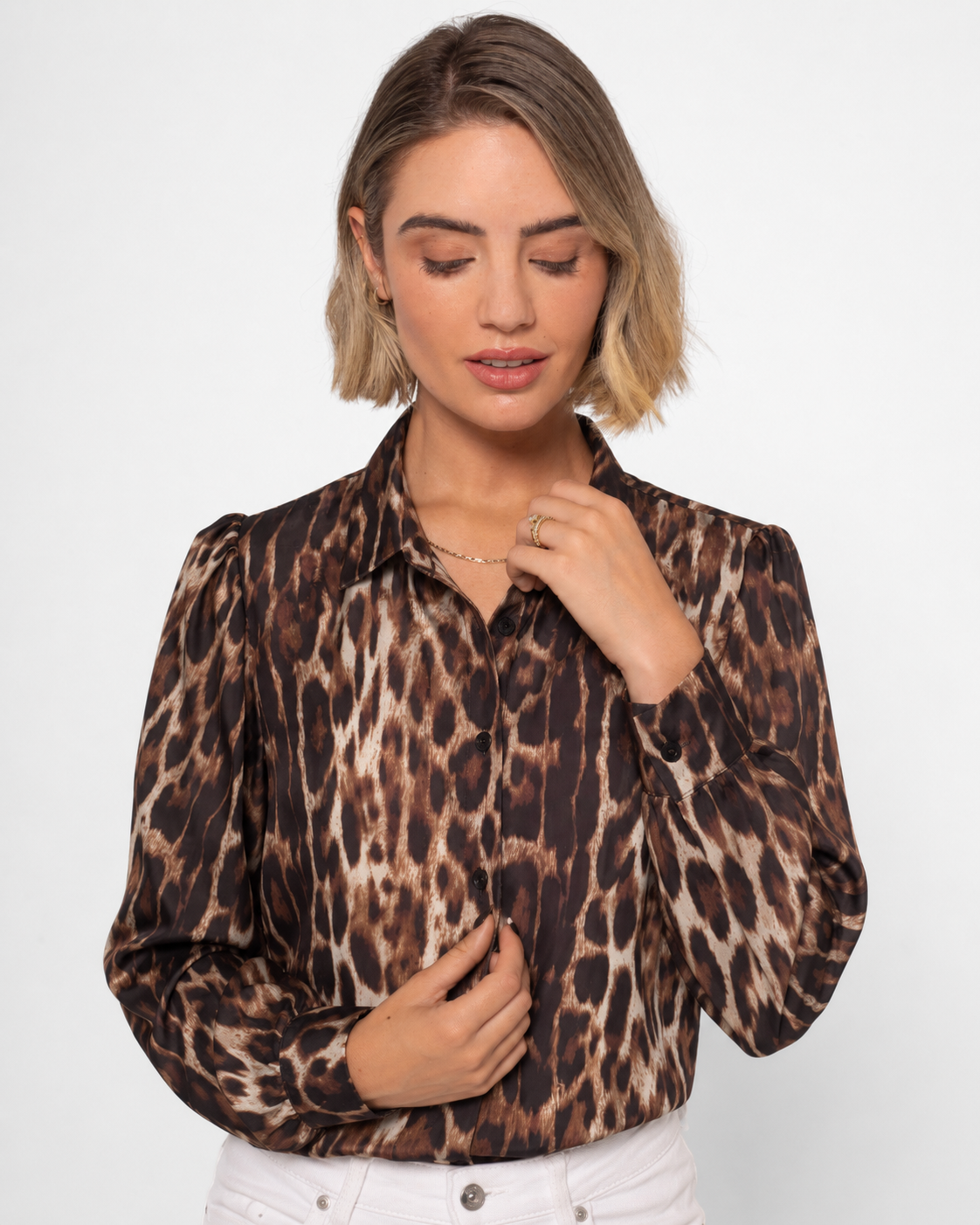 Dark Leopard Chiffon Button Up Blouse