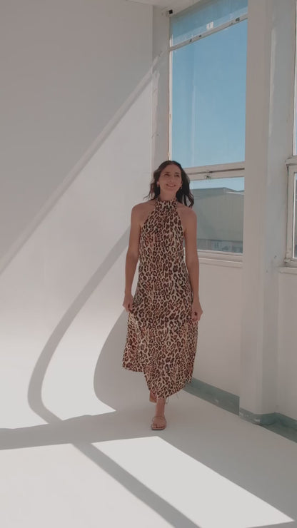 Leopard Print Satin Low Back Halterneck Dress