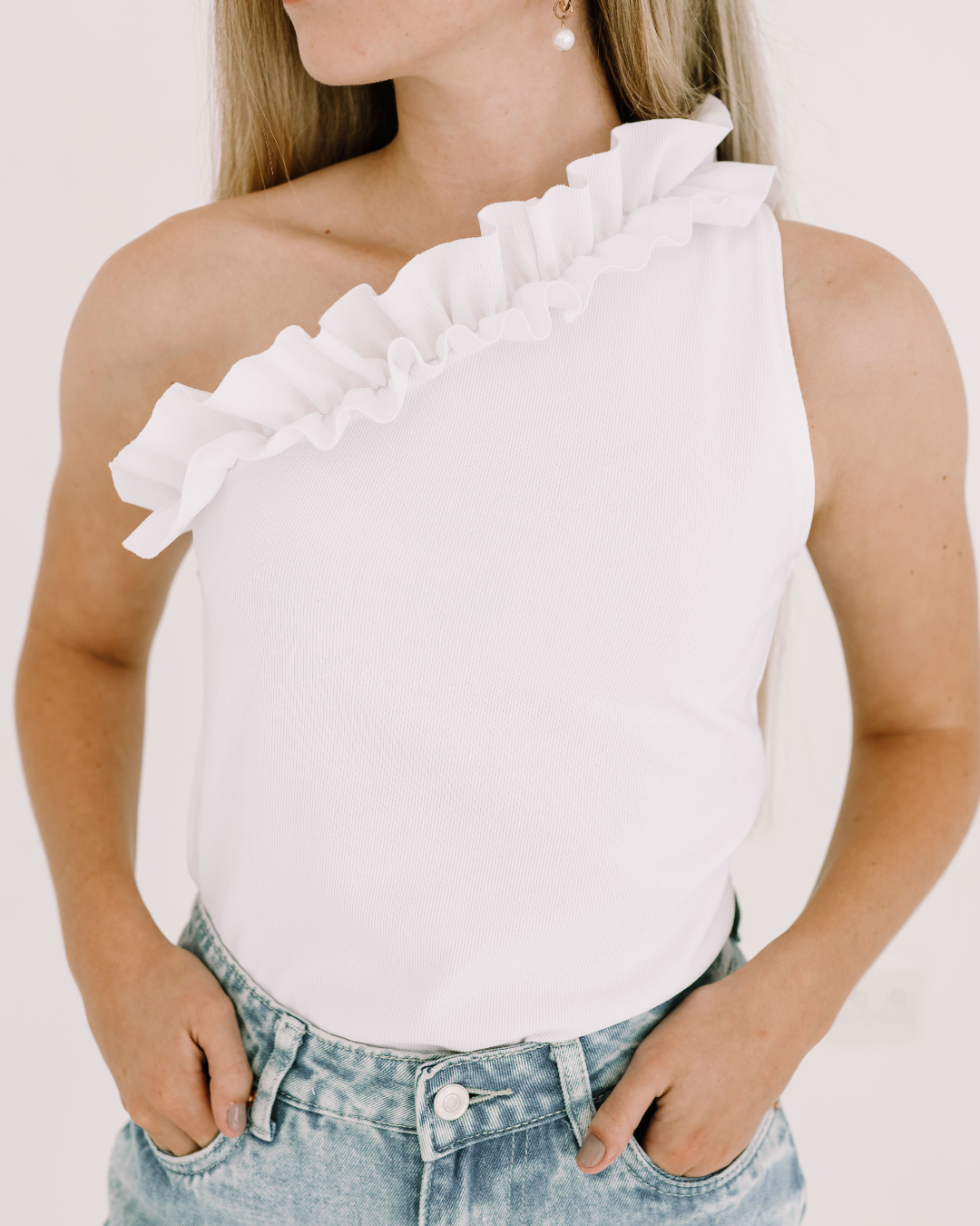 One Shoulder Ruffle Top | White