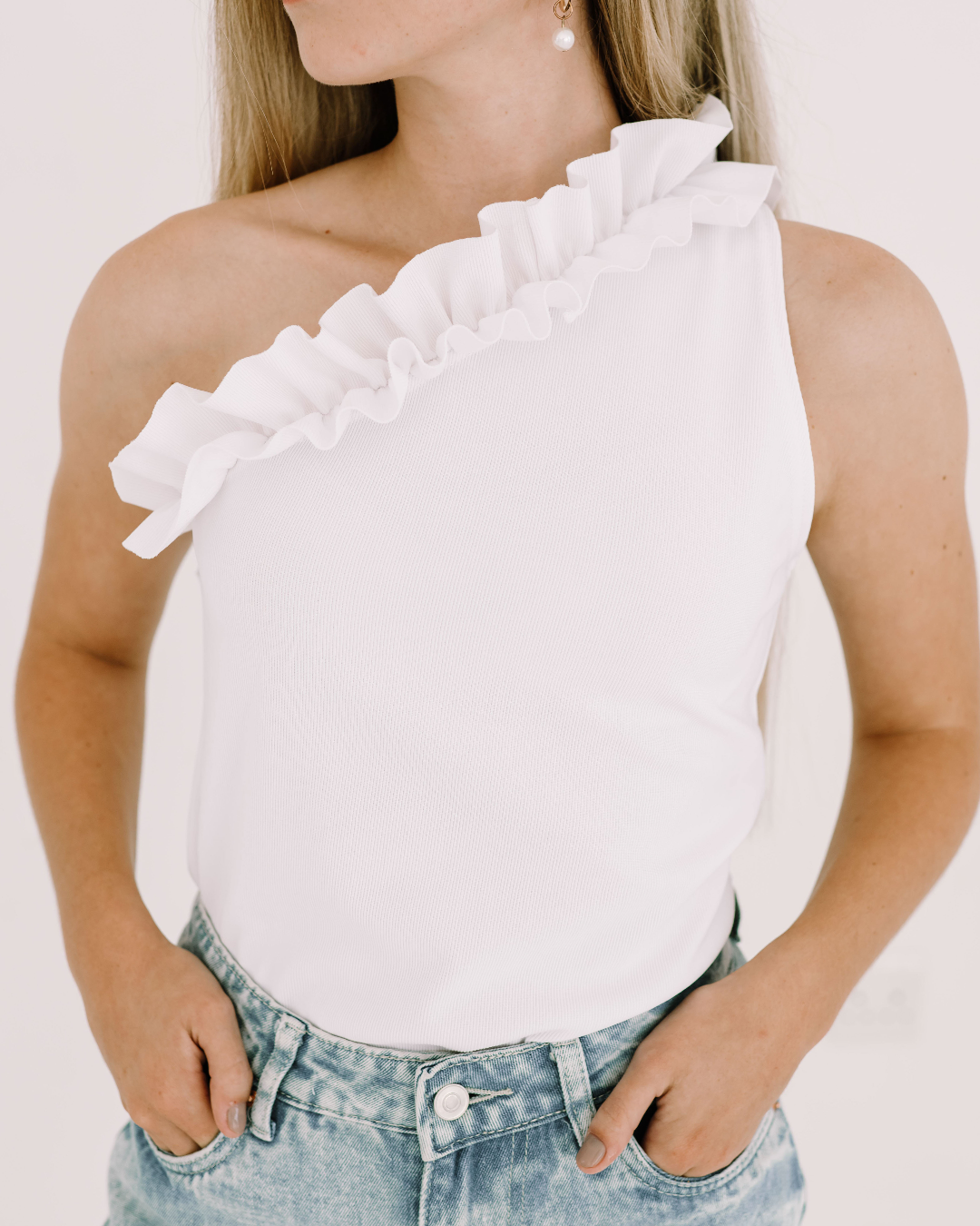 One shoulder white sales shirt
